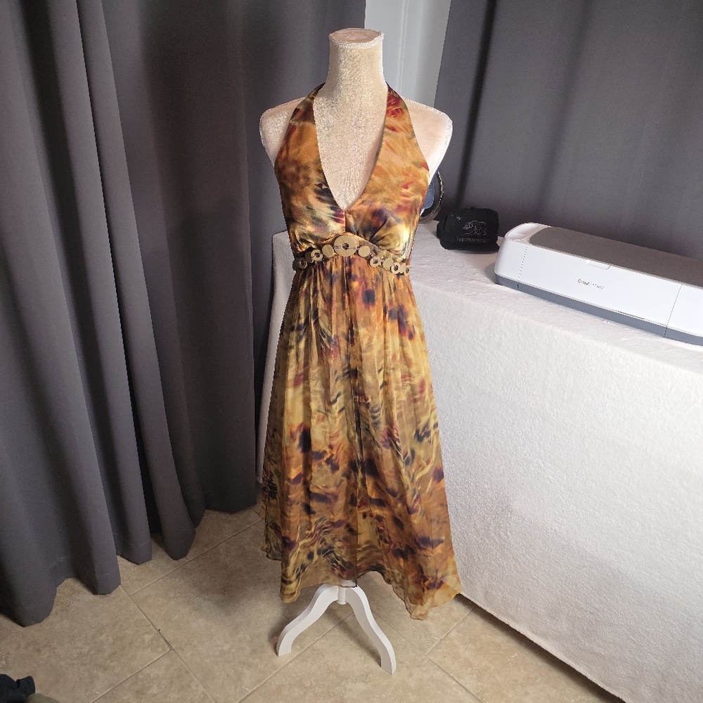 Robbie Bee 100% Silk Maxi Dress 8P Halter Abstract Animal Print Earth Tone